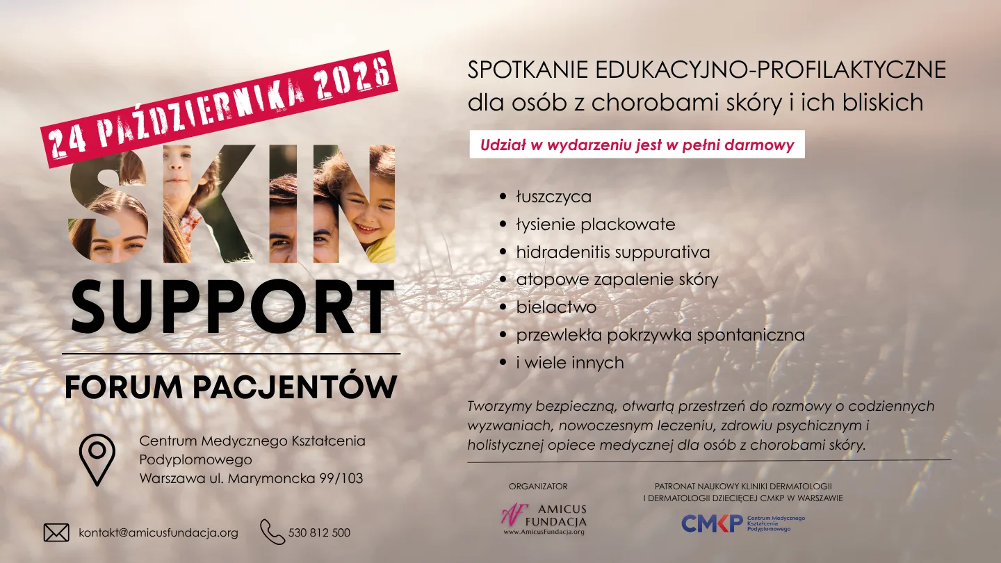 Plakat Skin Support 2026 — Forum Pacjentów, 24 października 2026, Warszawa, CMKP. Udział bezpłatny.